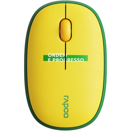 Yellow computer mouse with green border and Rapoo branding on a white background