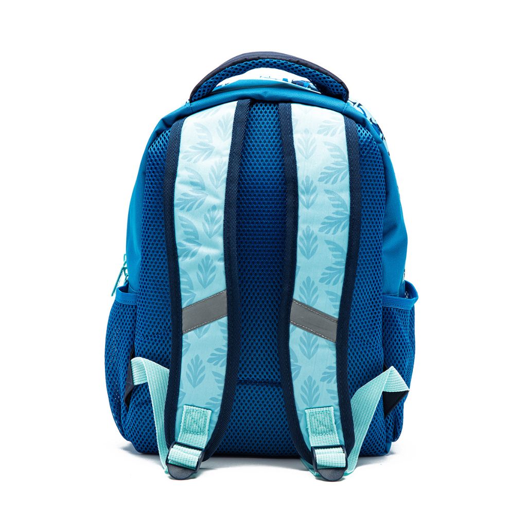 Blue backpack with a floral pattern on a white background