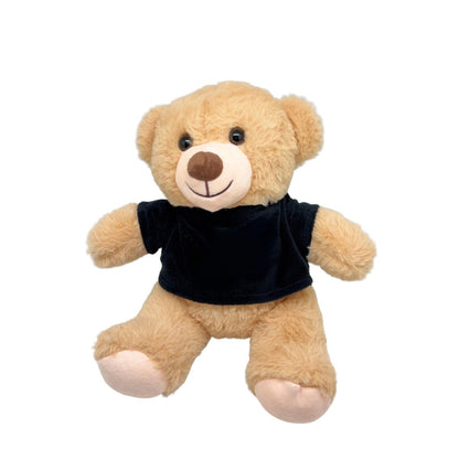 Plush teddy bear wearing a black shirt on a white background