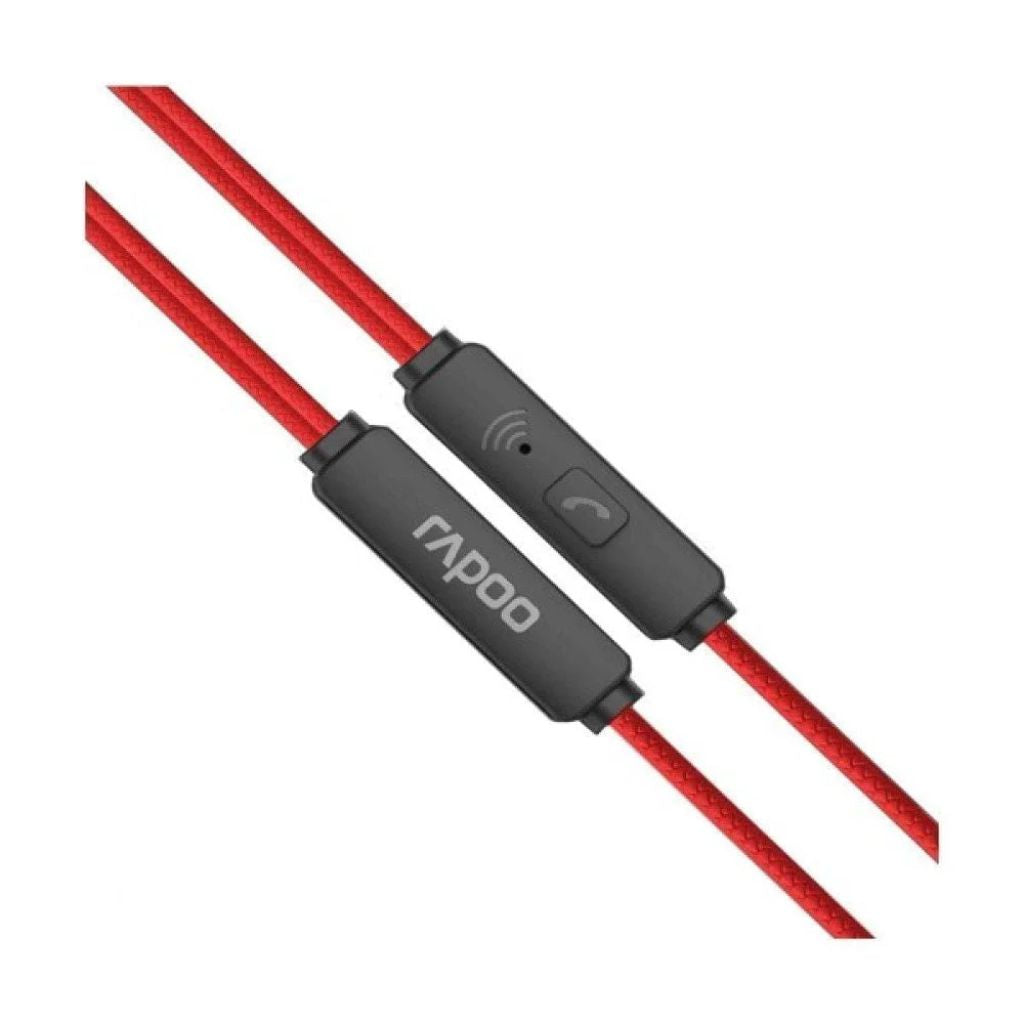 Rapoo earbud with red cable on a white background