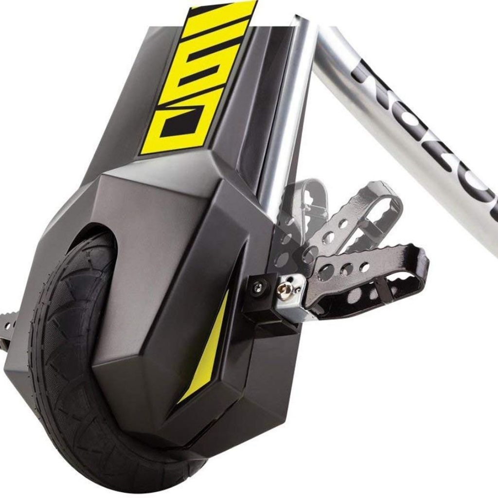 Close-up of a scooter wheel with a yellow logo on a white background