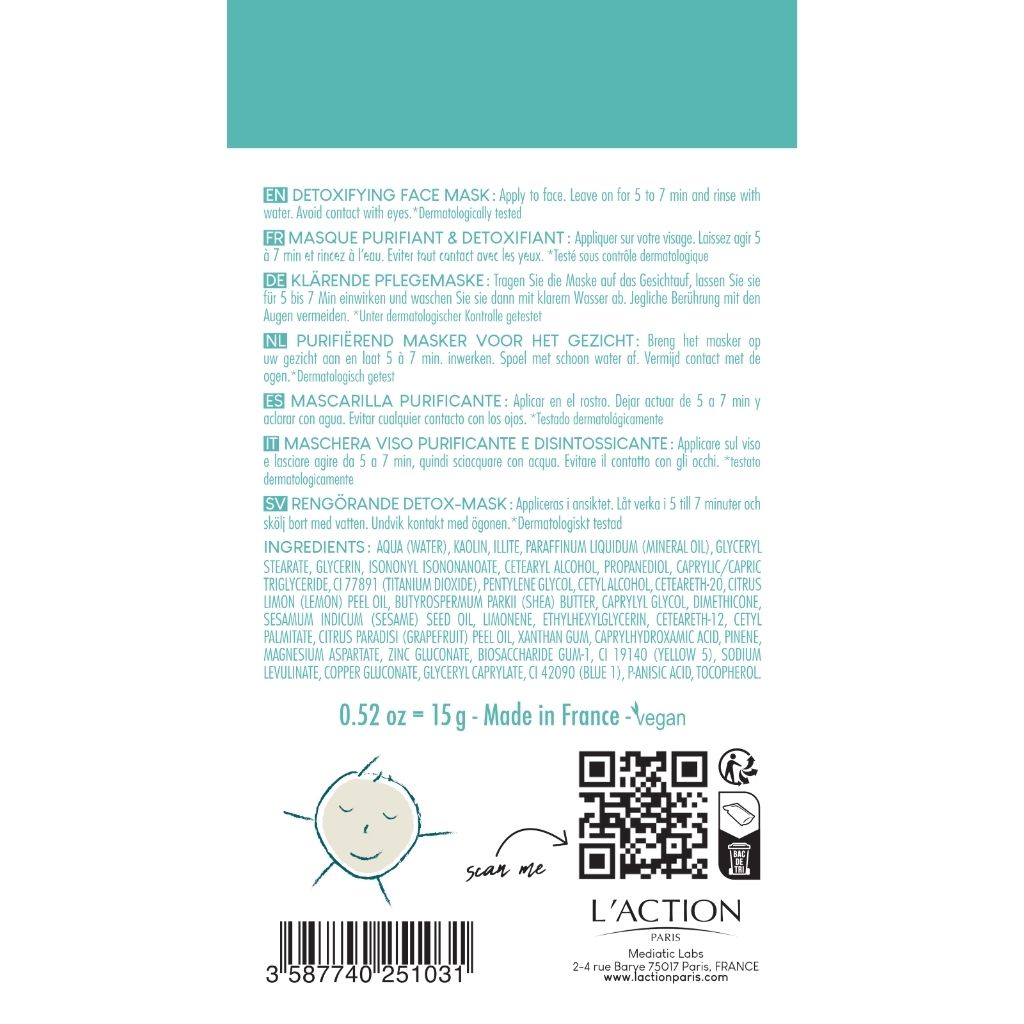Back of a product packaging with text, QR code, and branding on a white background