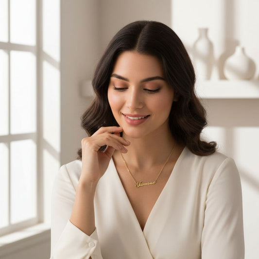 Woman wearing a gold necklace with a name pendant in a bright room.