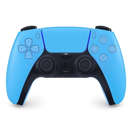 Blue and black gaming controller on a white background