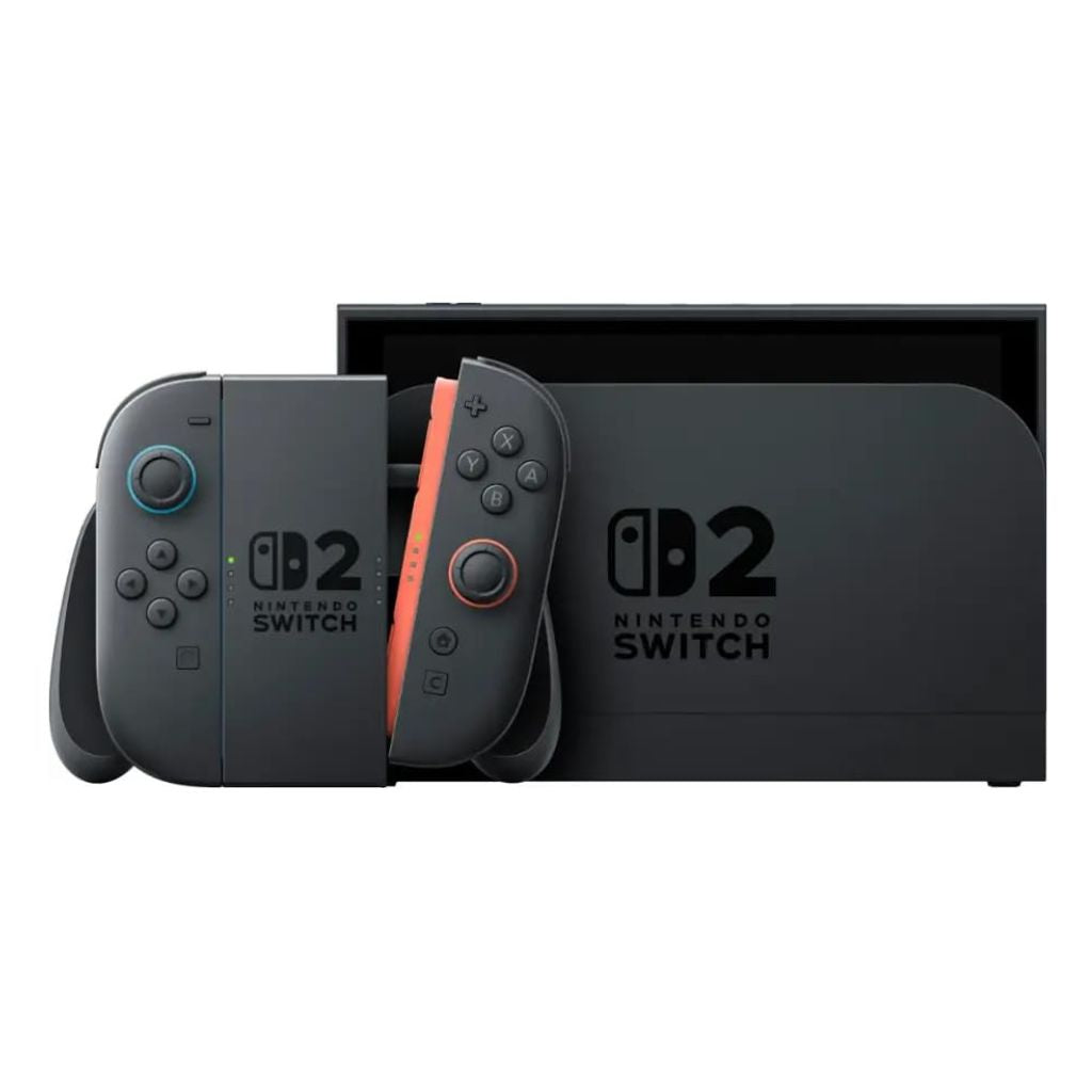 Nintendo Switch console with two controllers on a white background