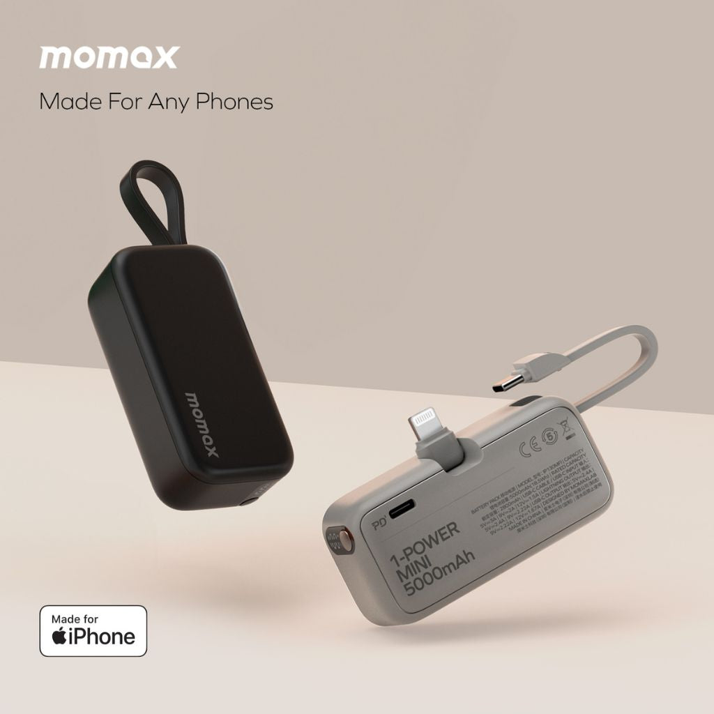 Momax power bank and adapter on a light background