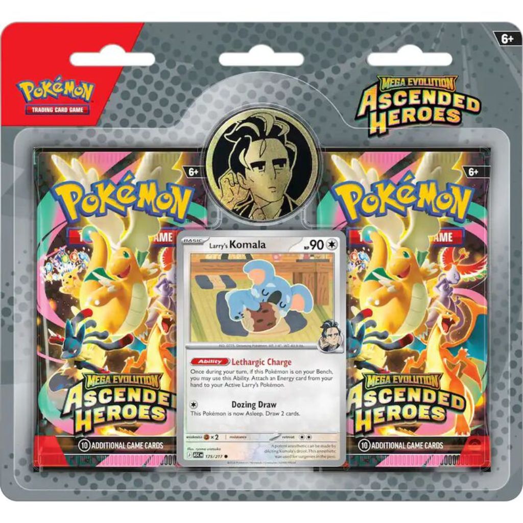 Pokémon trading card game pack featuring 'Ascended Heroes' theme with cards and a collectible item.