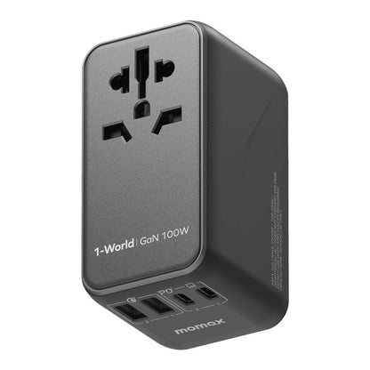 Black power adapter with multiple ports on a white background