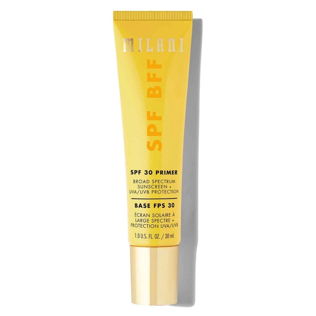 Yellow tube of Milani SPF BFF SPF 30 primer on a white background