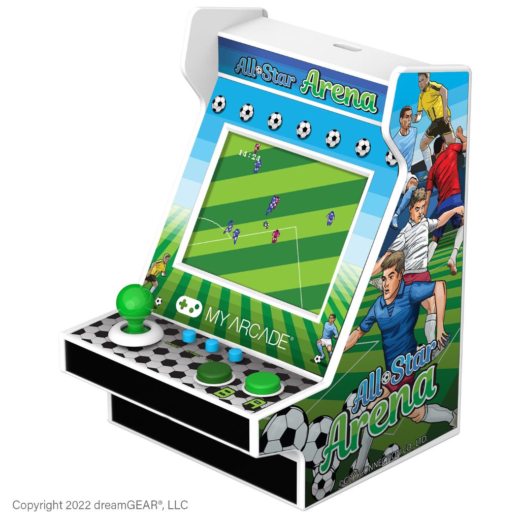 Miniature arcade machine with soccer game design on a white background