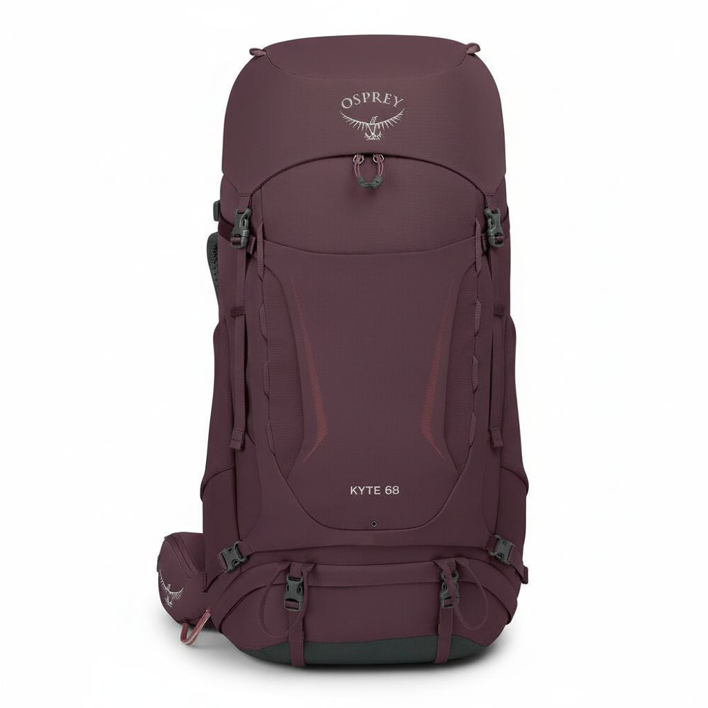 Maroon Osprey backpack on a white background