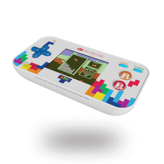 Handheld gaming console with colorful design on a white background