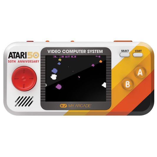 Retrò Atari video game console with colorful design on a white background