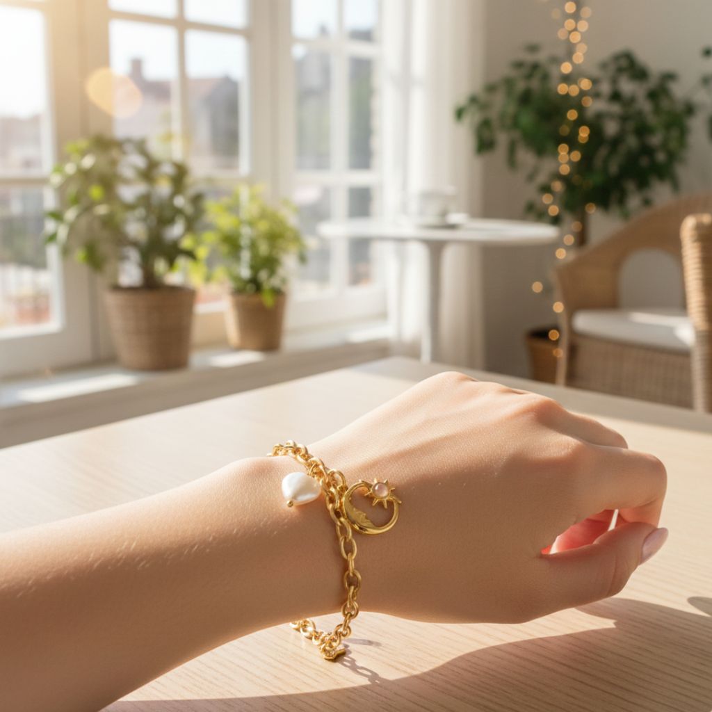 Gold bracelet with pearls on a hand in a bright room with plants