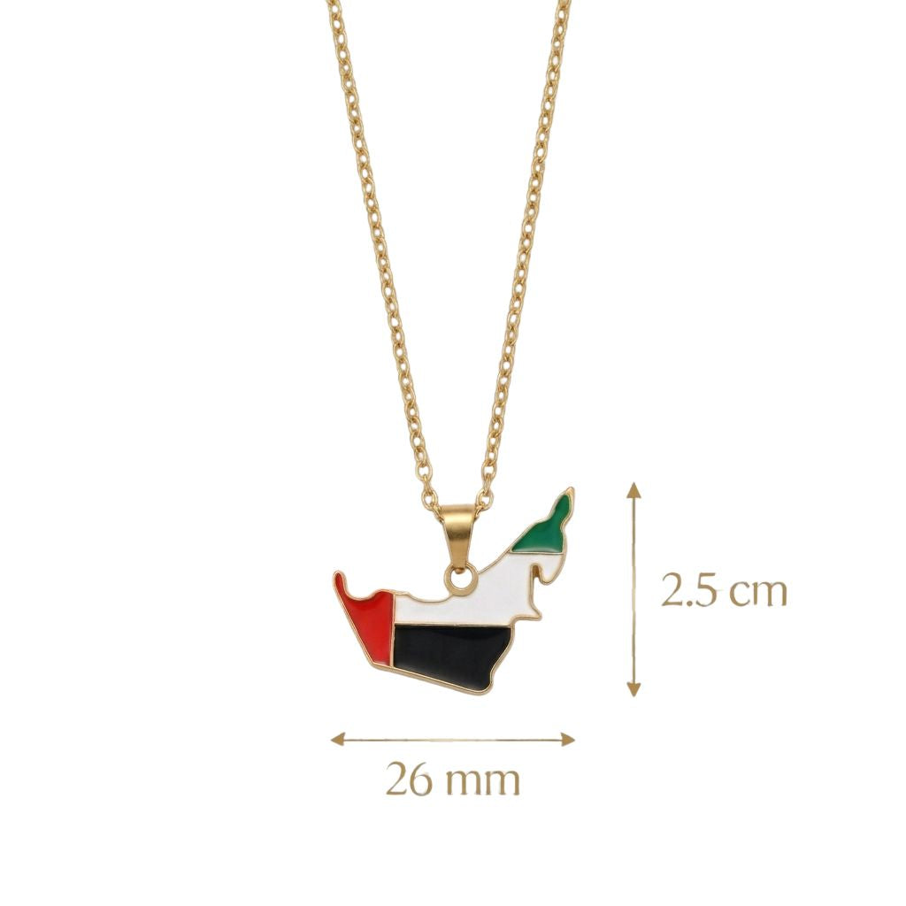 Gold necklace with a map-shaped pendant on a white background