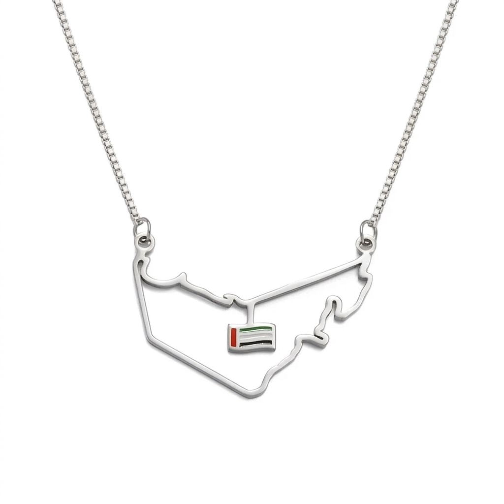 UAE Map Outline Necklace with Hanging Flag Charm