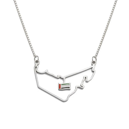 UAE Map Outline Necklace with Hanging Flag Charm