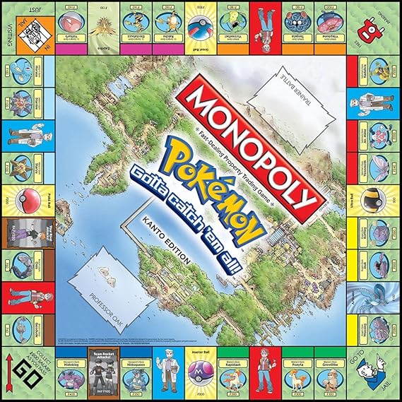 Pokémon Monopoly board game with colorful tiles and map of Kanto region.