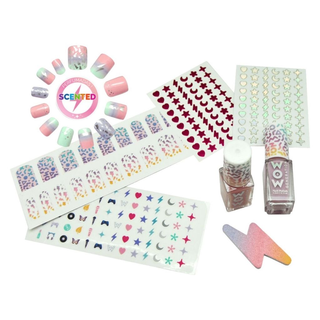 Nail art supplies including stickers, nail polish, and decorative items on a white background.