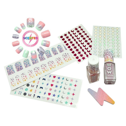 Nail art supplies including stickers, nail polish, and decorative items on a white background.