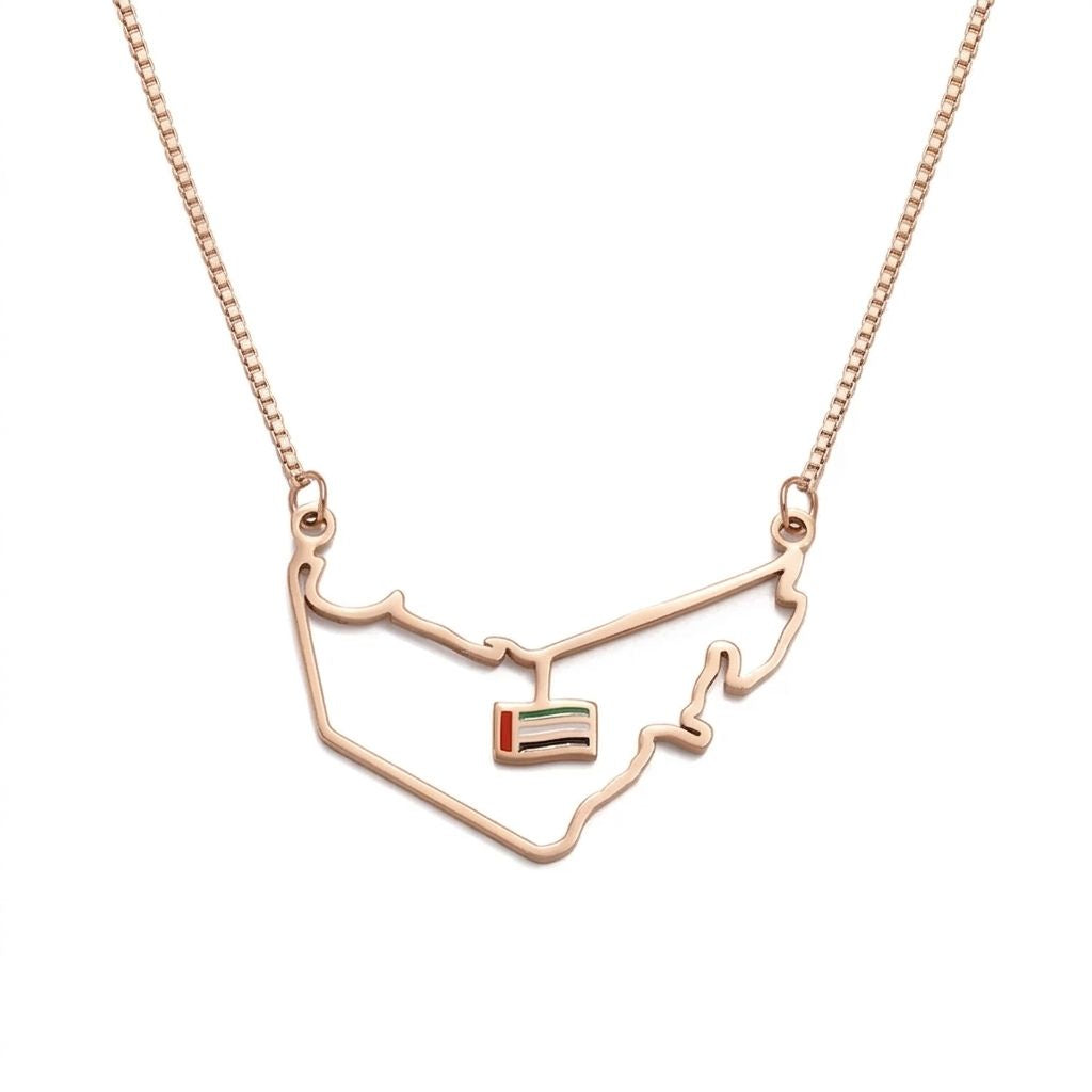 UAE Map Outline Necklace with Hanging Flag Charm