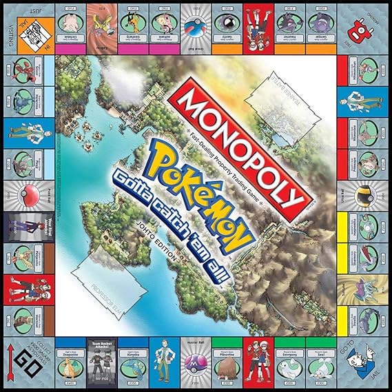 Monopoly Pokémon board game with colorful tiles and game pieces.