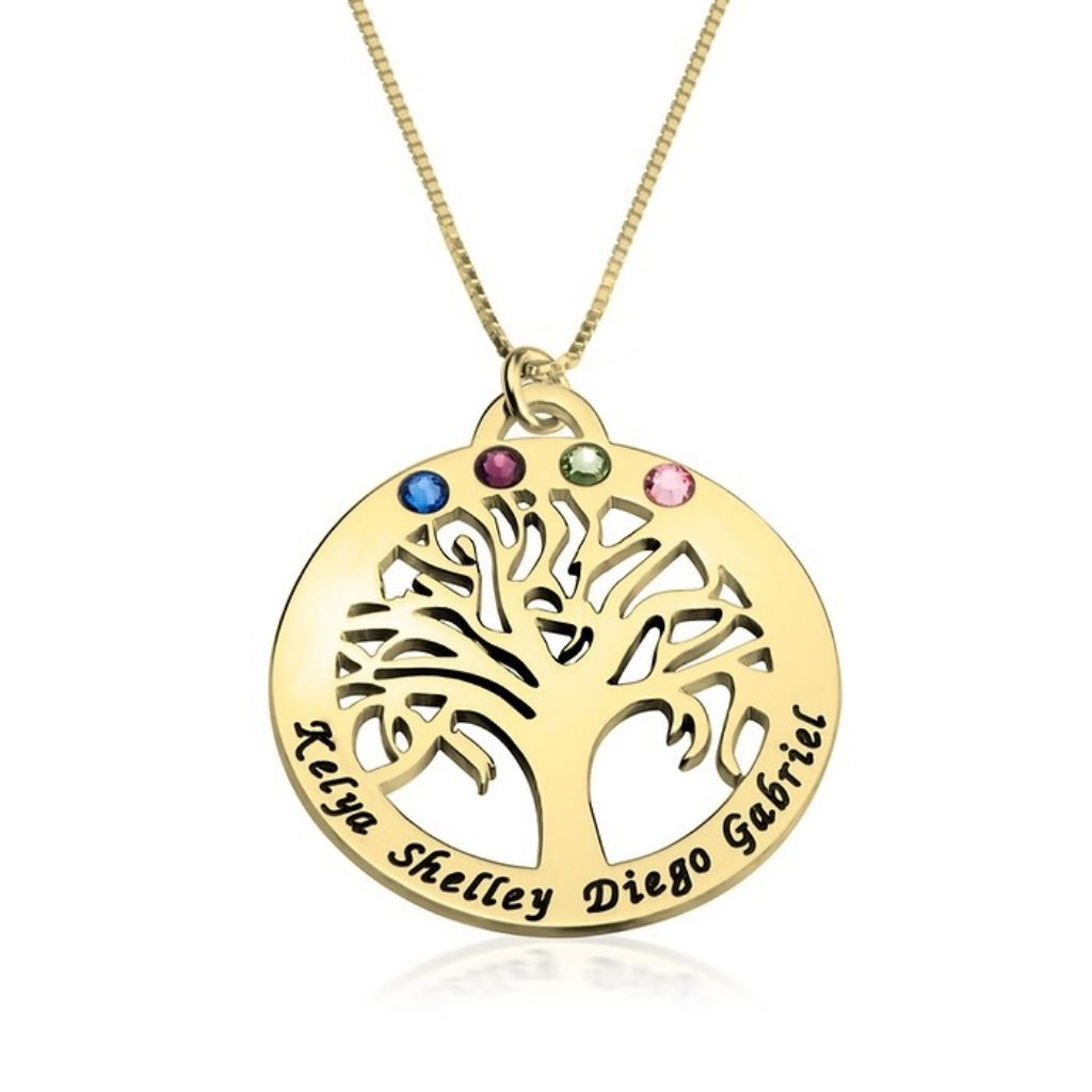Gold tree-shaped pendant necklace with names and colored stones on a white background