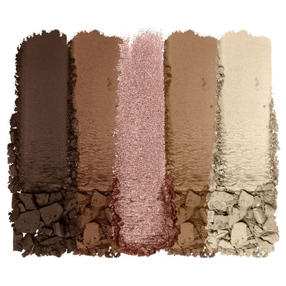 Makeup color swatches in brown, pink, and beige on a white background