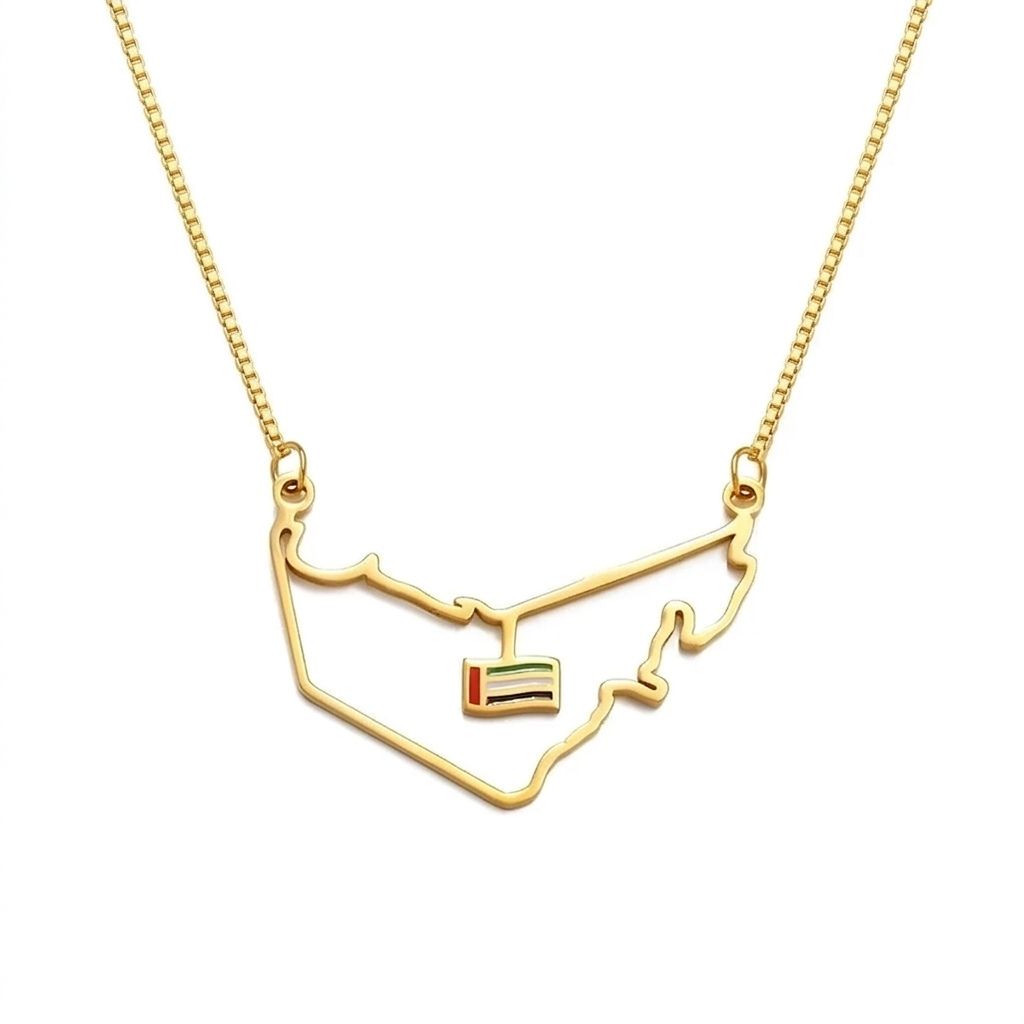 UAE Map Outline Necklace with Hanging Flag Charm