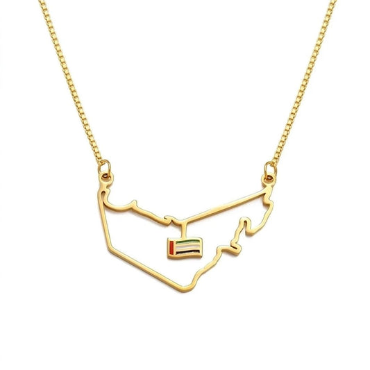 UAE Map Outline Necklace with Hanging Flag Charm