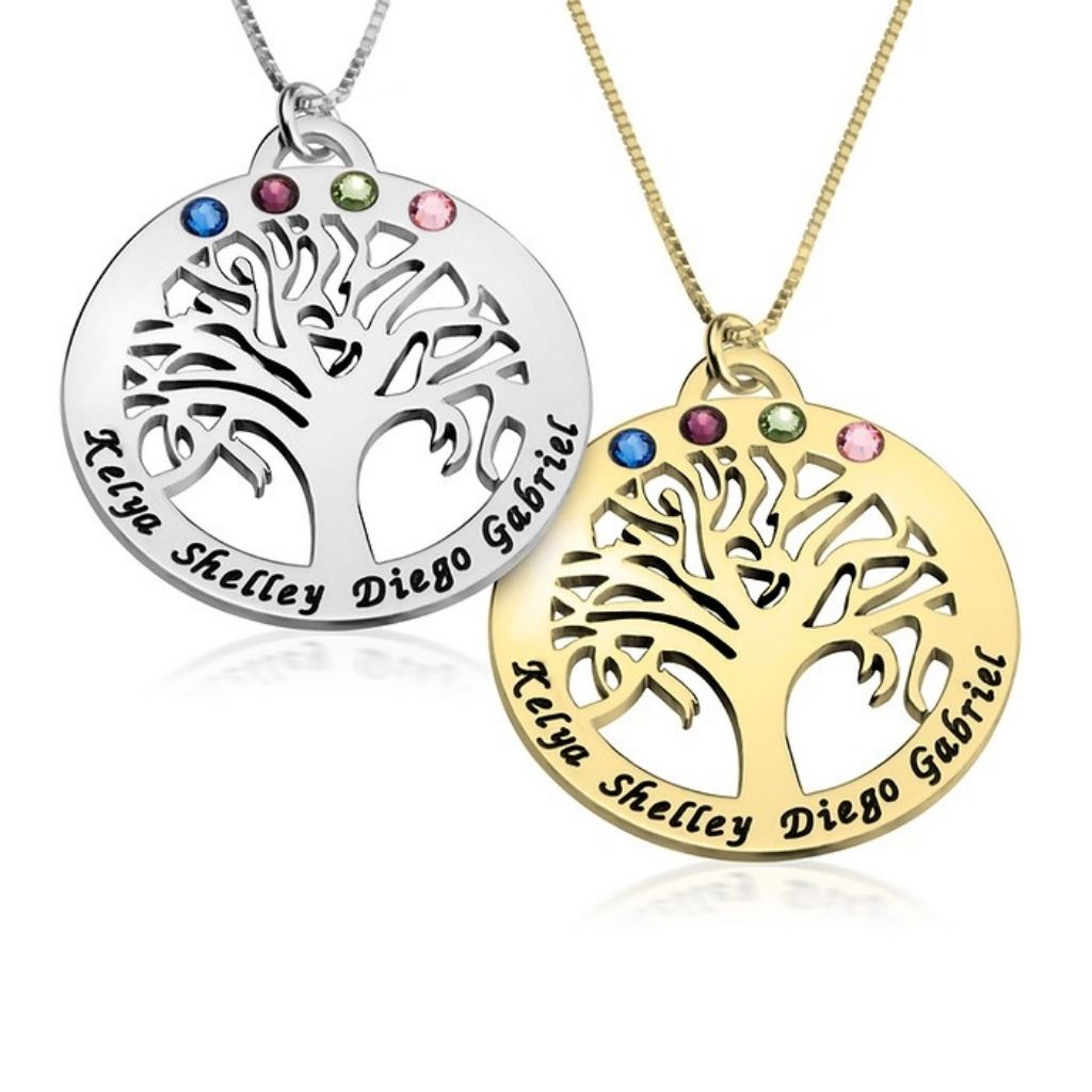 Two family tree necklaces, one silver and one gold, with engraved names and colored stones on a white background.