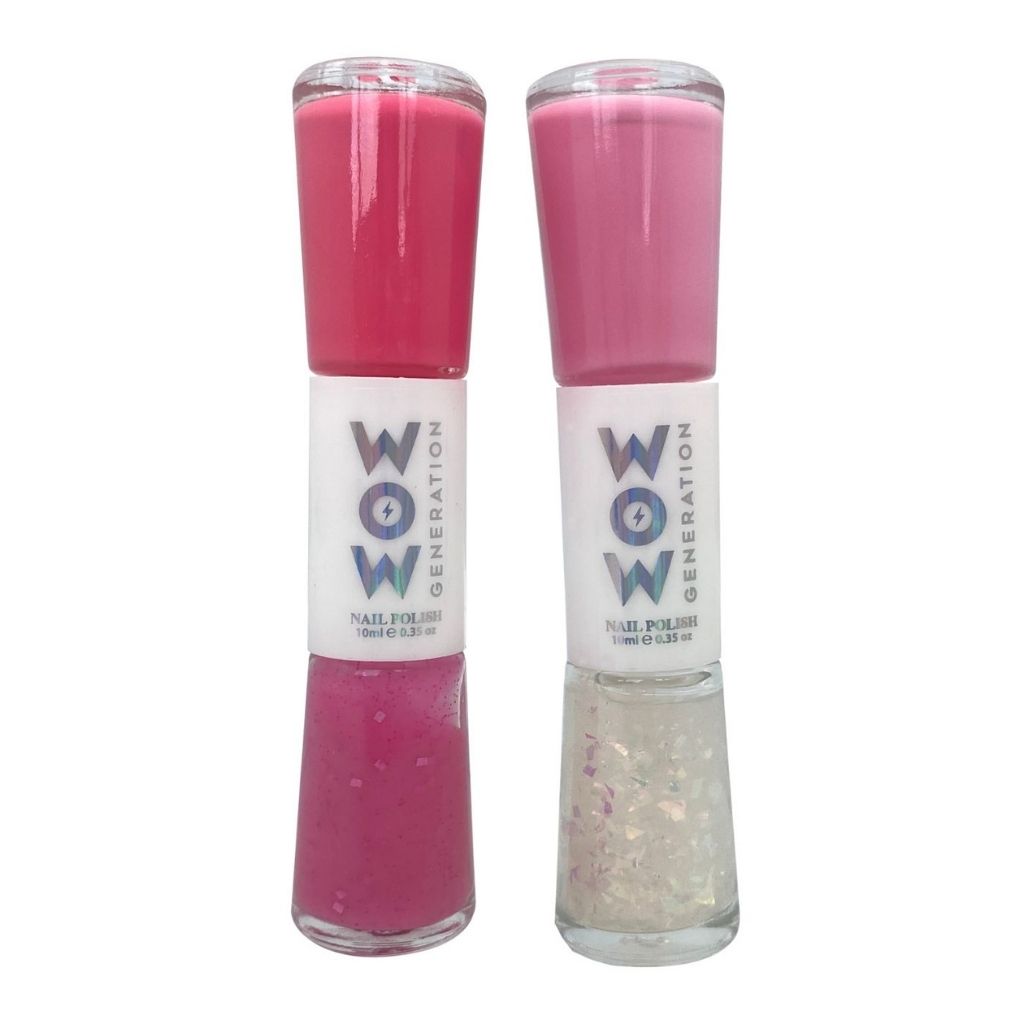 Two bottles of WOW Generation nail polish, one pink and one clear, on a white background.