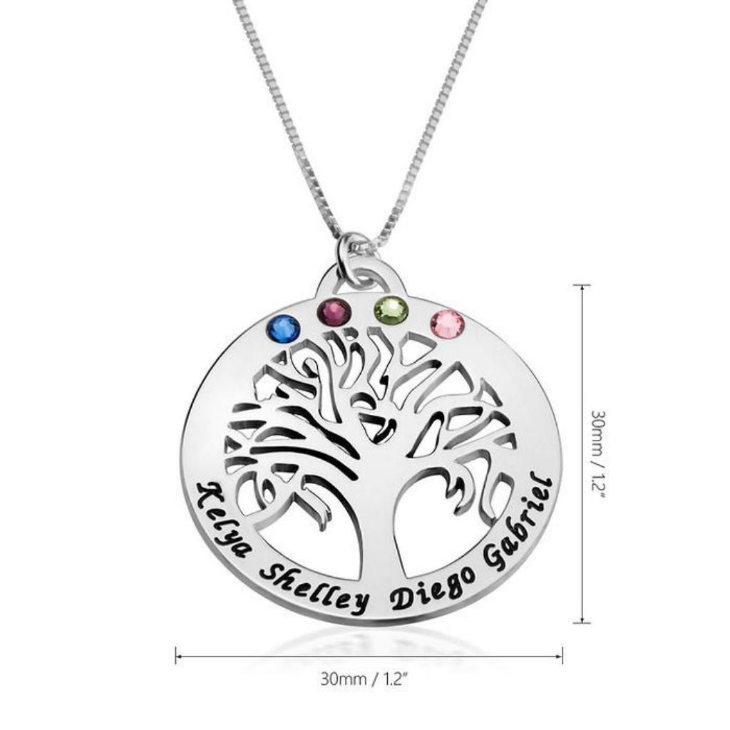 Silver tree-shaped pendant necklace with colored stones and engraved names on a white background