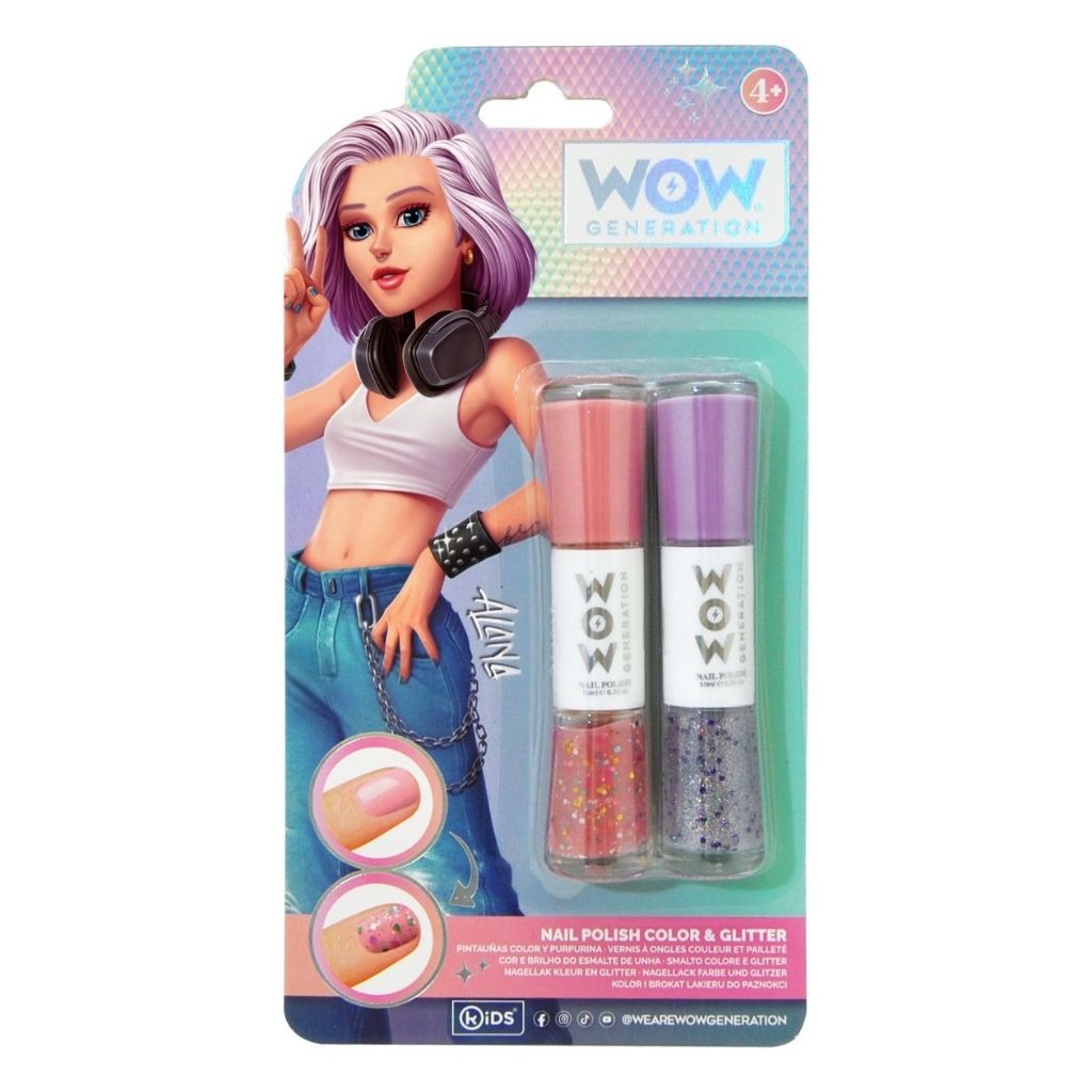 Packaged toy set with nail polish and glitter, featuring a character from 'WOW Generation' on a white background.