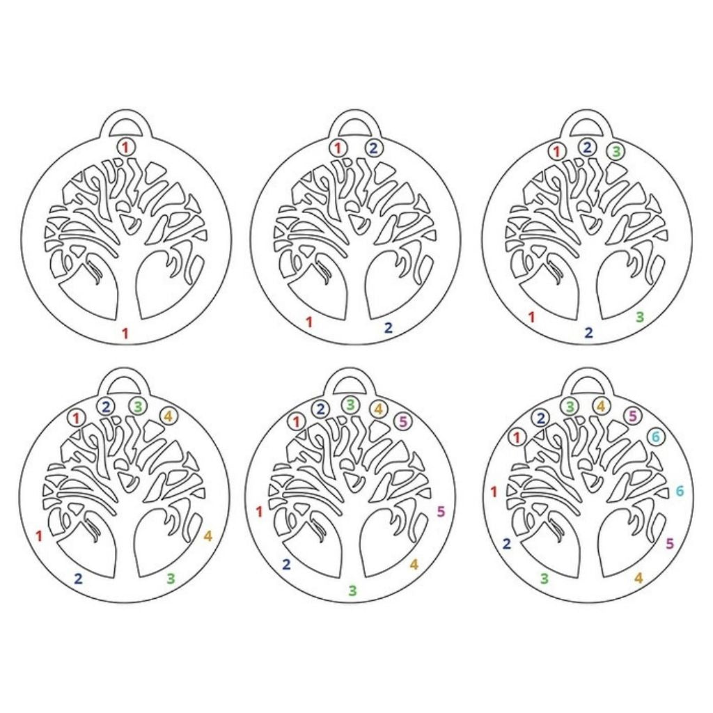 Set of six tree-shaped stencils with numbered sections on a white background