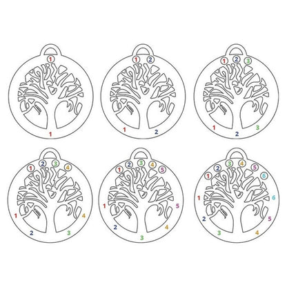 Set of six tree-shaped stencils with numbered sections on a white background