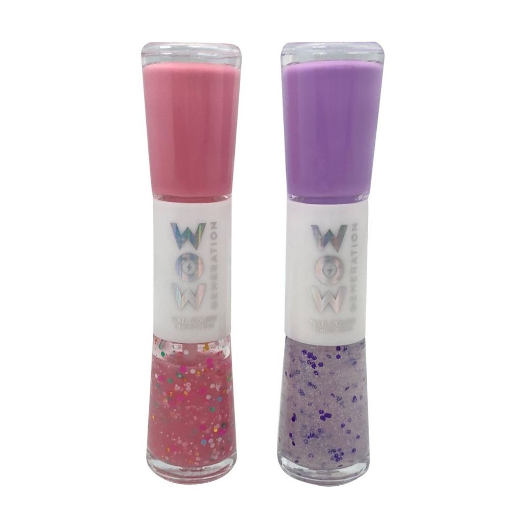 Two lip glosses with pink and purple tops on a white background