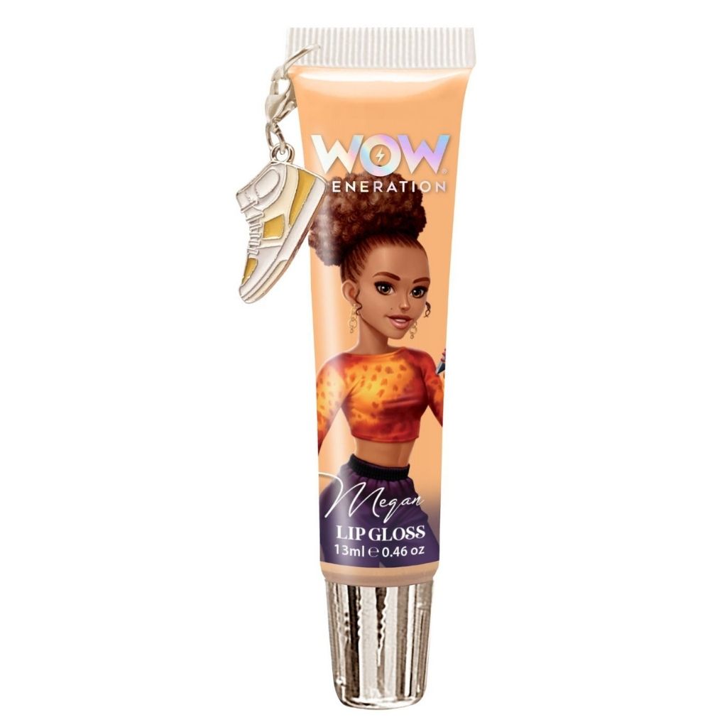 Lip gloss tube with character design and keychain on a white background