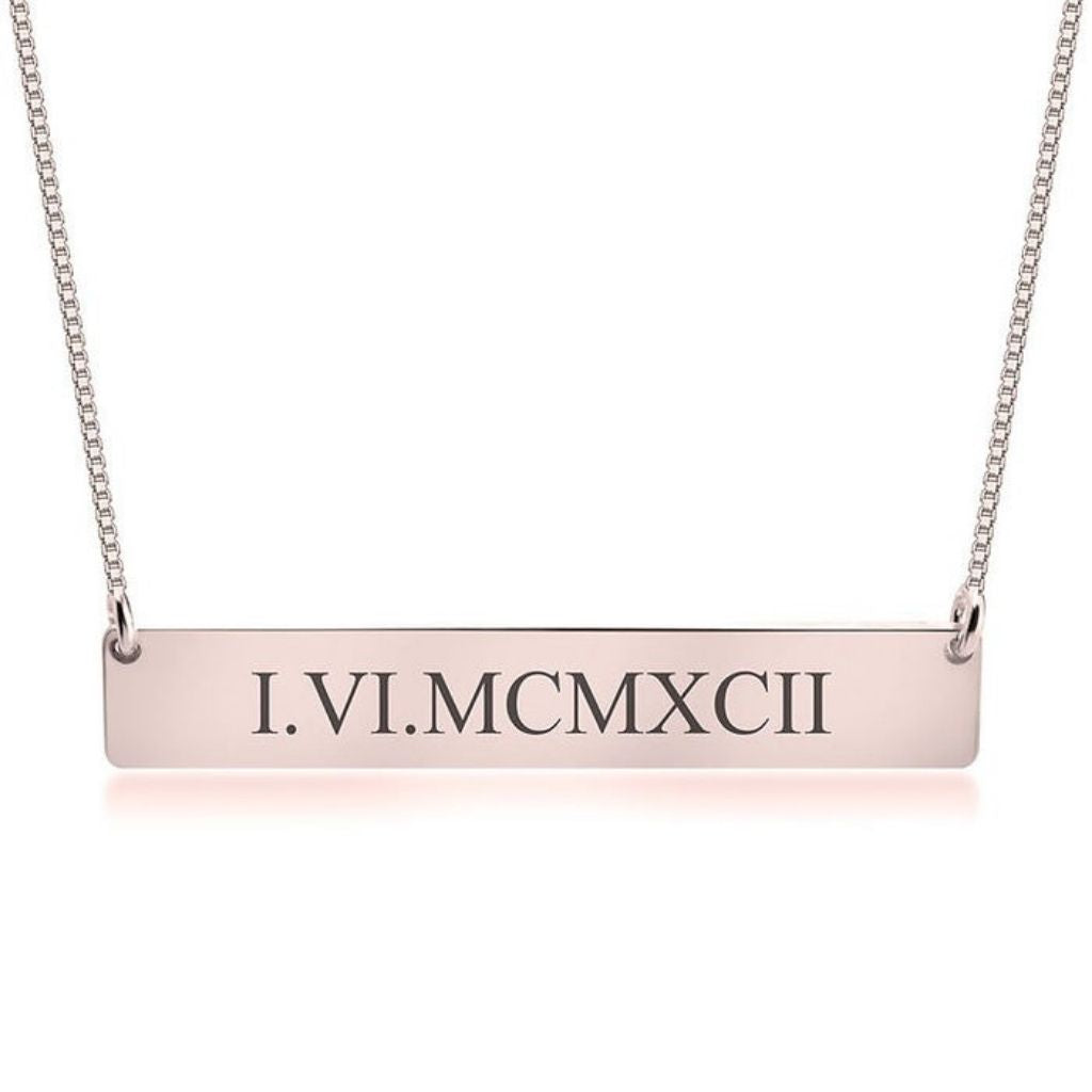 Bar necklace with Roman numeral engraving on a white background