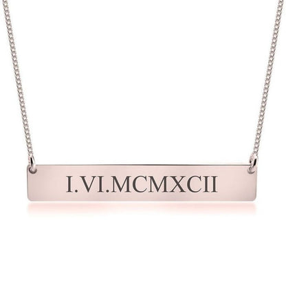 Bar necklace with Roman numeral engraving on a white background
