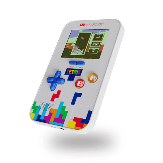 Handheld gaming device with Tetris design on a white background