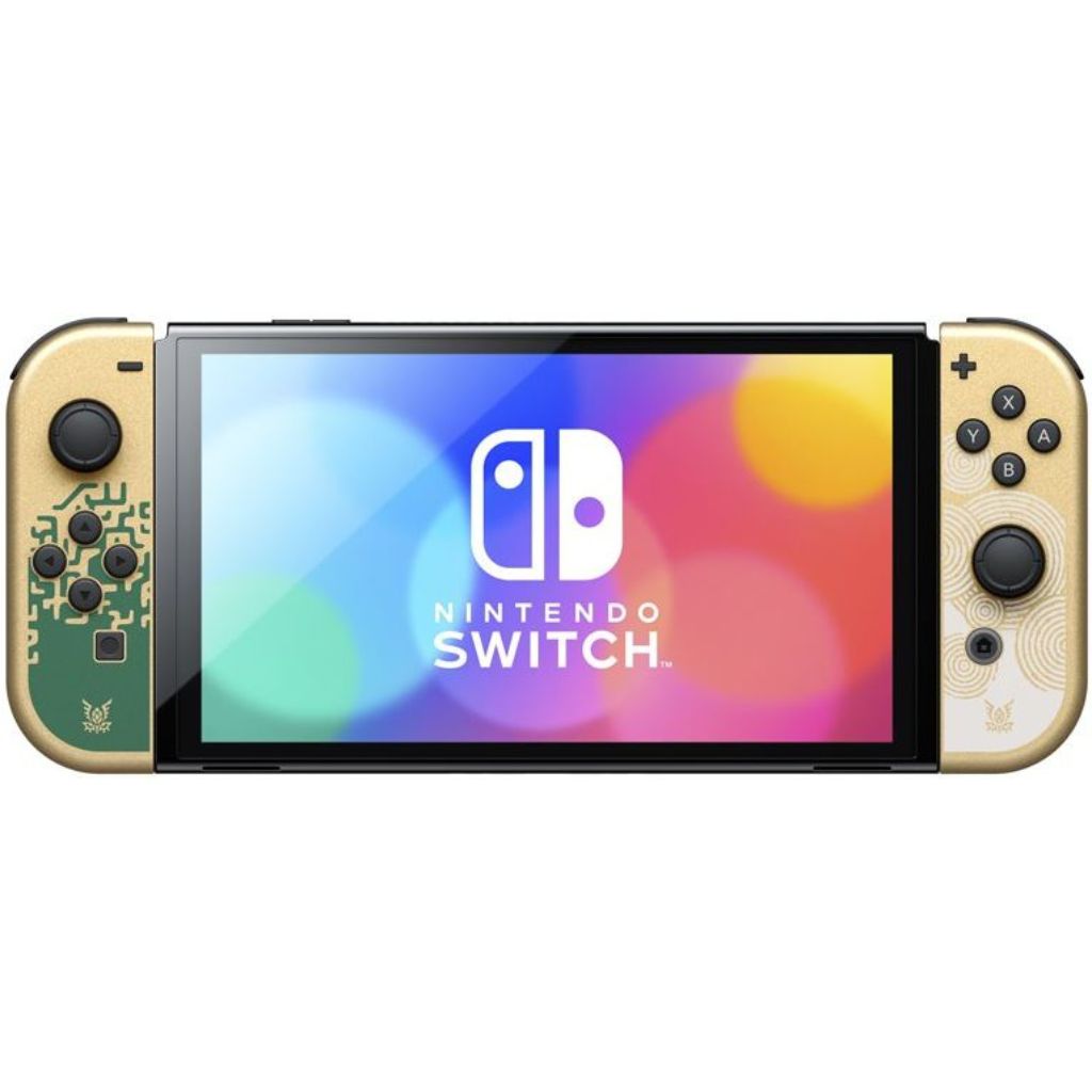 Nintendo Switch console with a colorful display on a white background