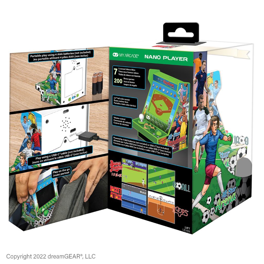 Boxed Nano Player with soccer-themed graphics and text