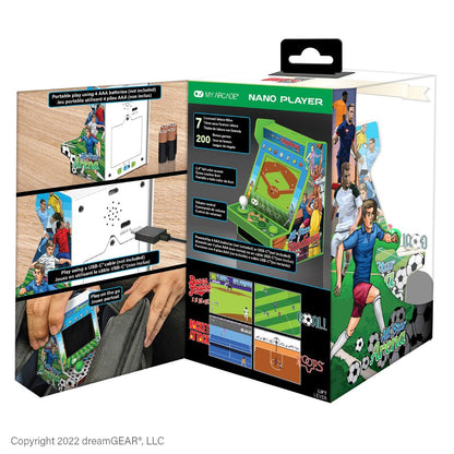 Boxed Nano Player with soccer-themed graphics and text