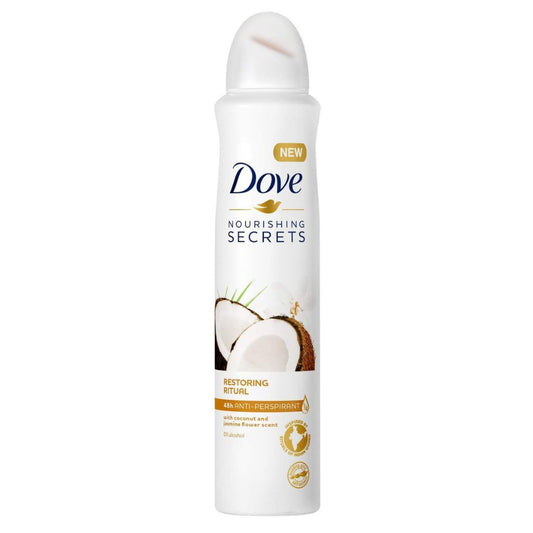 Dove Nourishing Secrets deodorant spray bottle on a white background