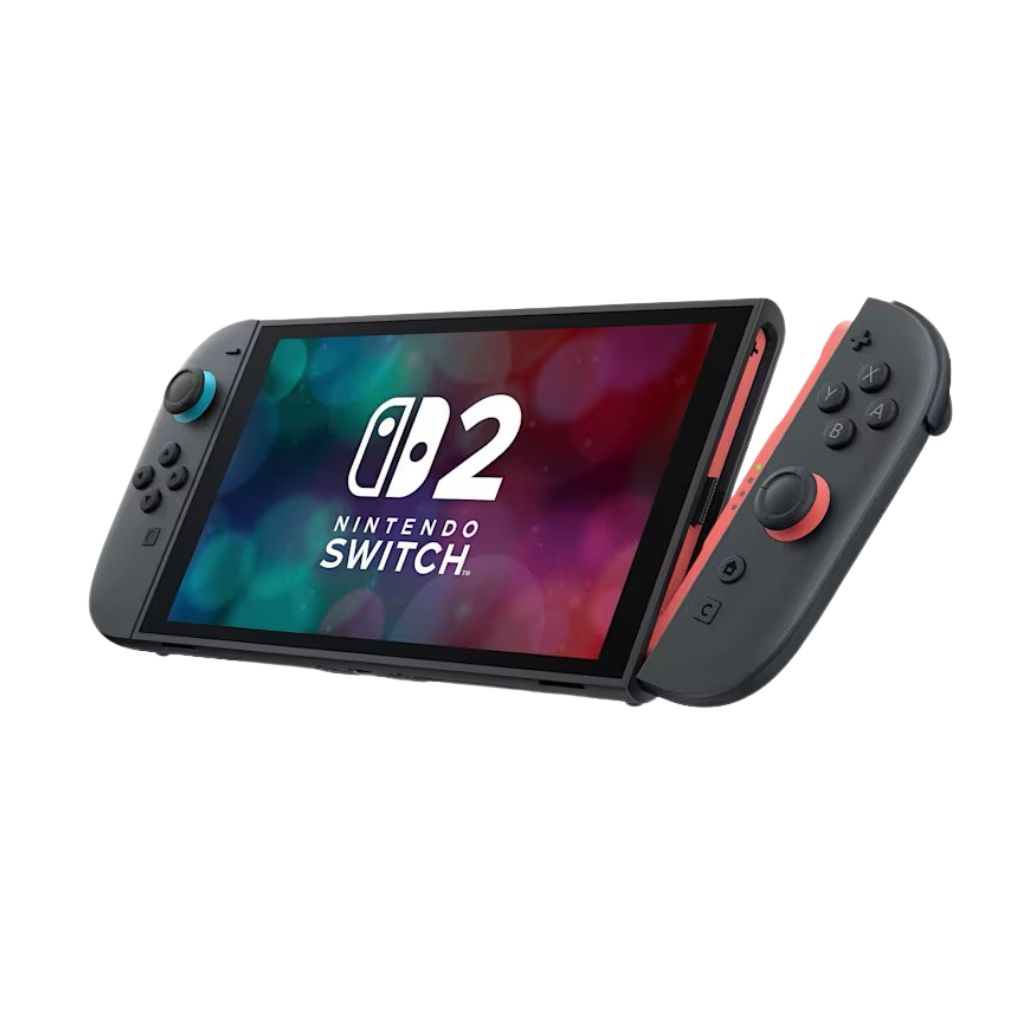 Nintendo Switch with 'Nintendo Switch 2' logo on screen against a white background