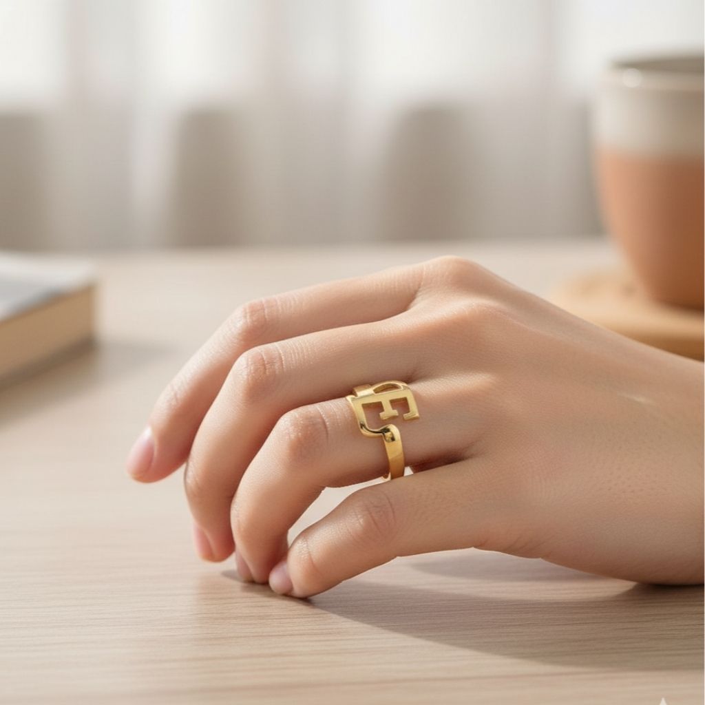 Hand wearing a gold ring on a wooden surface with a blurred background