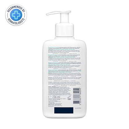White bottle with pump and label on a white background, recommended by dermatologists.