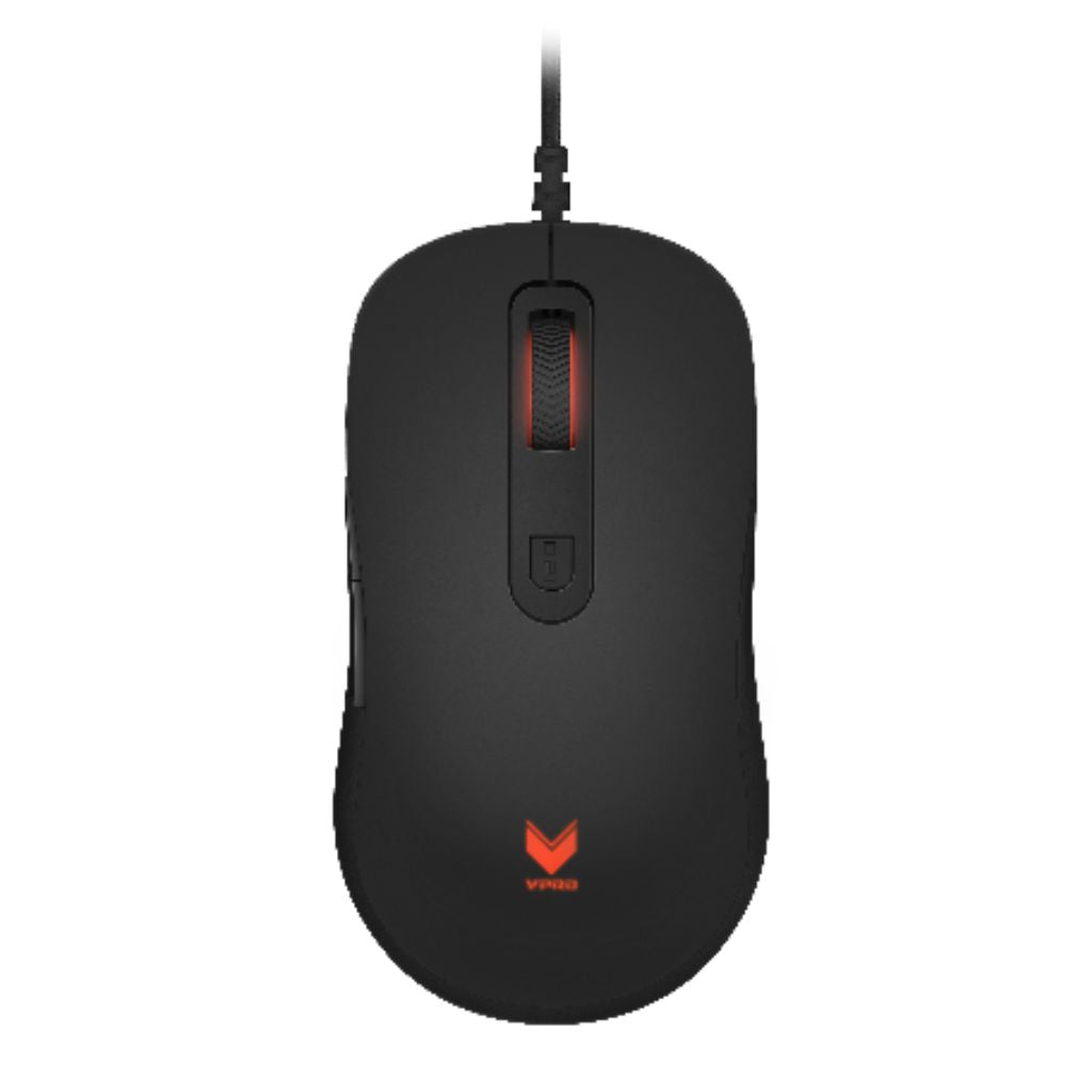Black computer mouse with a visible brand logo on a white background
