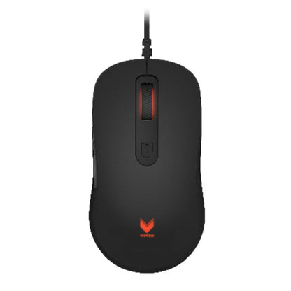 Black computer mouse with a visible brand logo on a white background